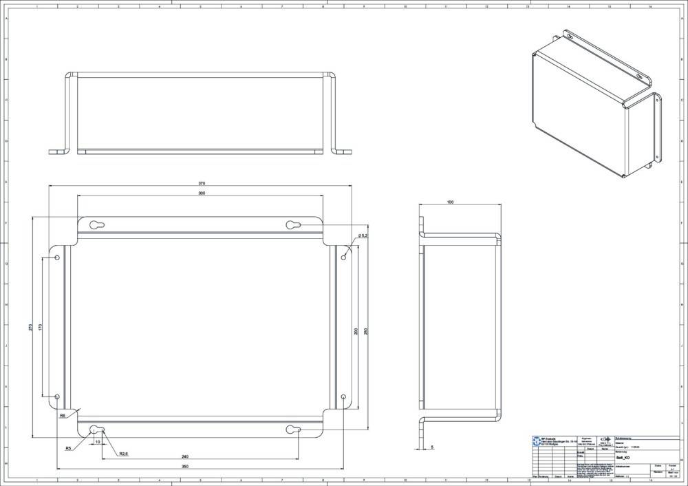 Blaupause eines rechteckigen Objekts mit Ansichten von oben, der Seite und der Vorderseite mit Maßangaben. Hauptabmessungen sind in Millimetern gekennzeichnet.