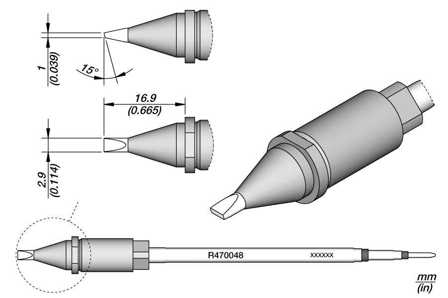 Lötkolbenspitzendiagramm mit Abmessungen: Spitzenwinkel 15°, Spitzendurchmesser 16,9 mm (0,665
