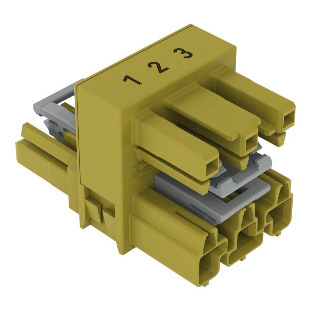 Ein gelb-grauer 4-poliger Stecker mit der Beschriftung „1 2 3