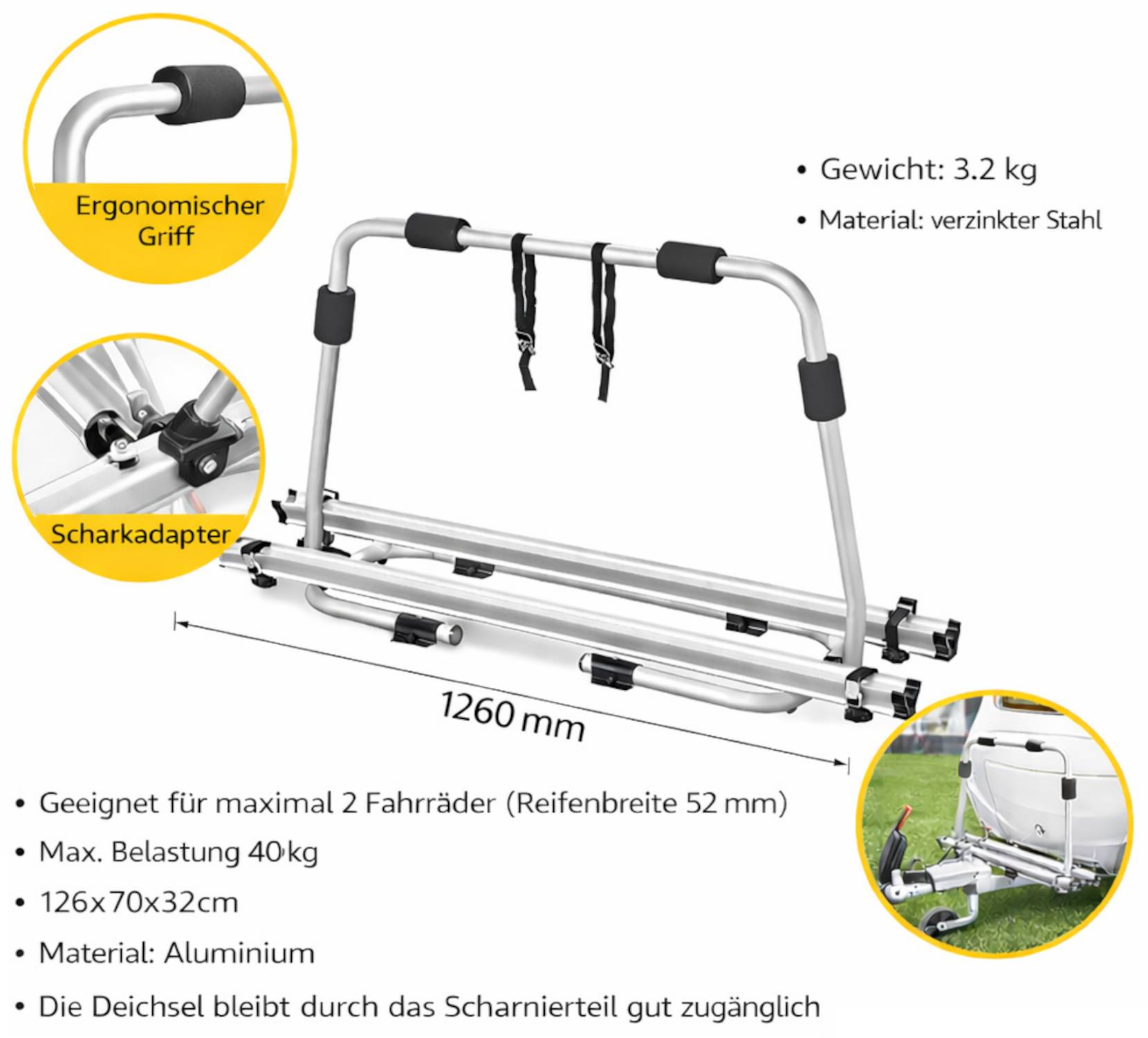 Deichsel Fahrradträger Silber Deichselträger für 2 Fahrräder Heckträger bis 40kg