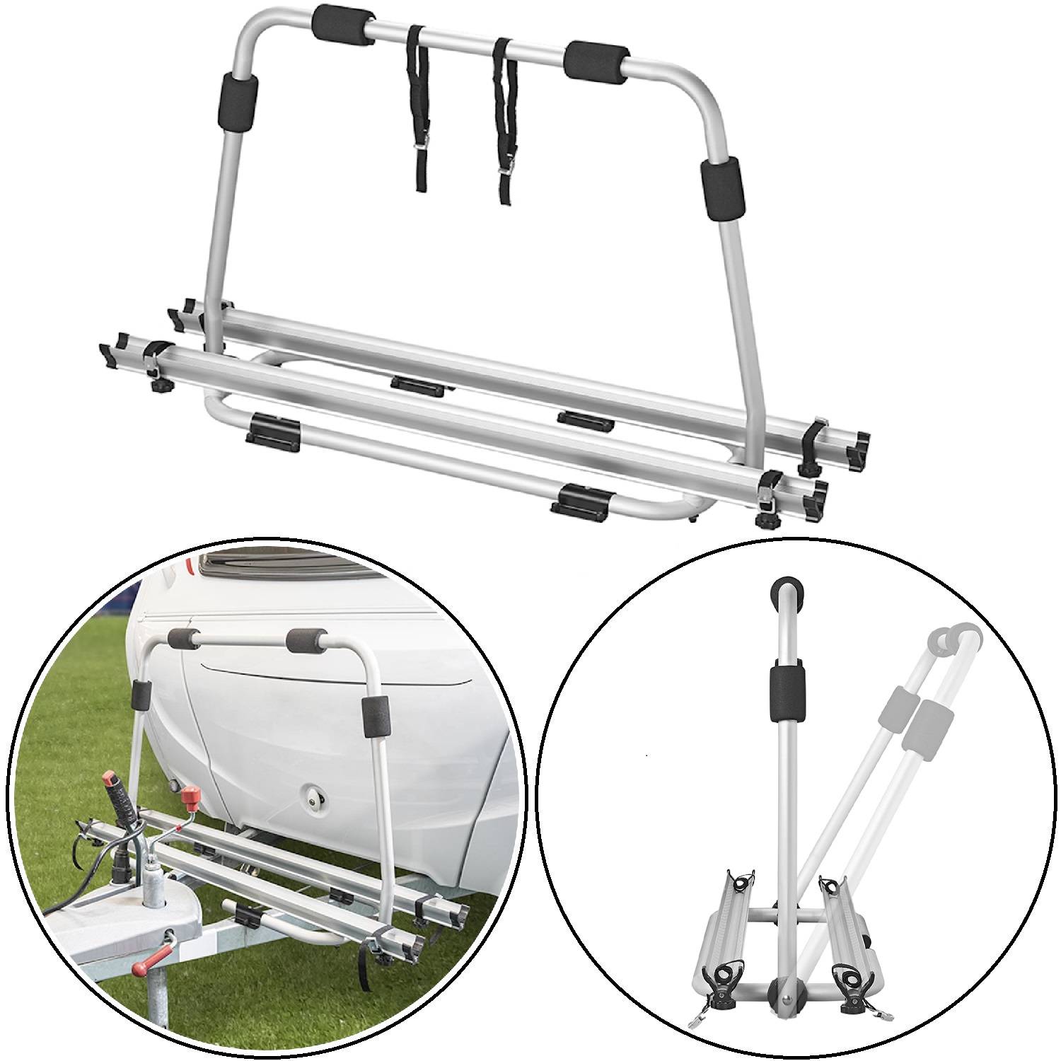 Klappbarer Fahrradträger zur Montage im Autokofferraum, aus verschiedenen Winkeln dargestellt. Entwickelt, um Fahrräder sicher zu transportieren und gleichzeitig Platz zu sparen.