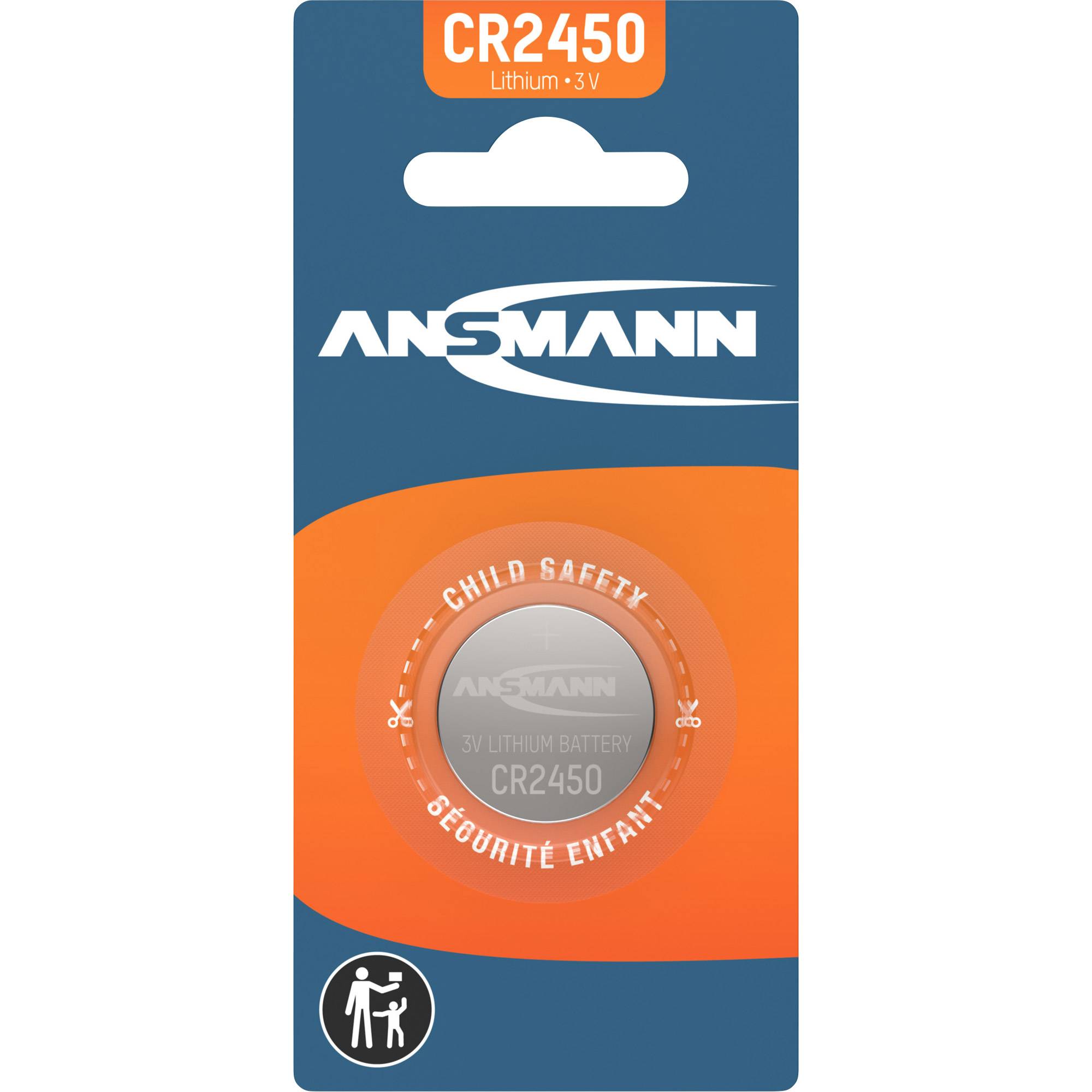 ANSMANN CR2450 Lithium-Batterie-Verpackung mit Kindersicherheitswarnung und 'Sécurité Enfant'-Etikett auf blau-orangenem Hintergrund.