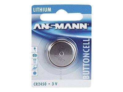 ANSMANN-Lithium-Knopfzellenbatterie, Modell CR2450, 3V, in blau-weißer Verpackung mit Kompatibilitäts-Symbolen für verschiedene Geräte.