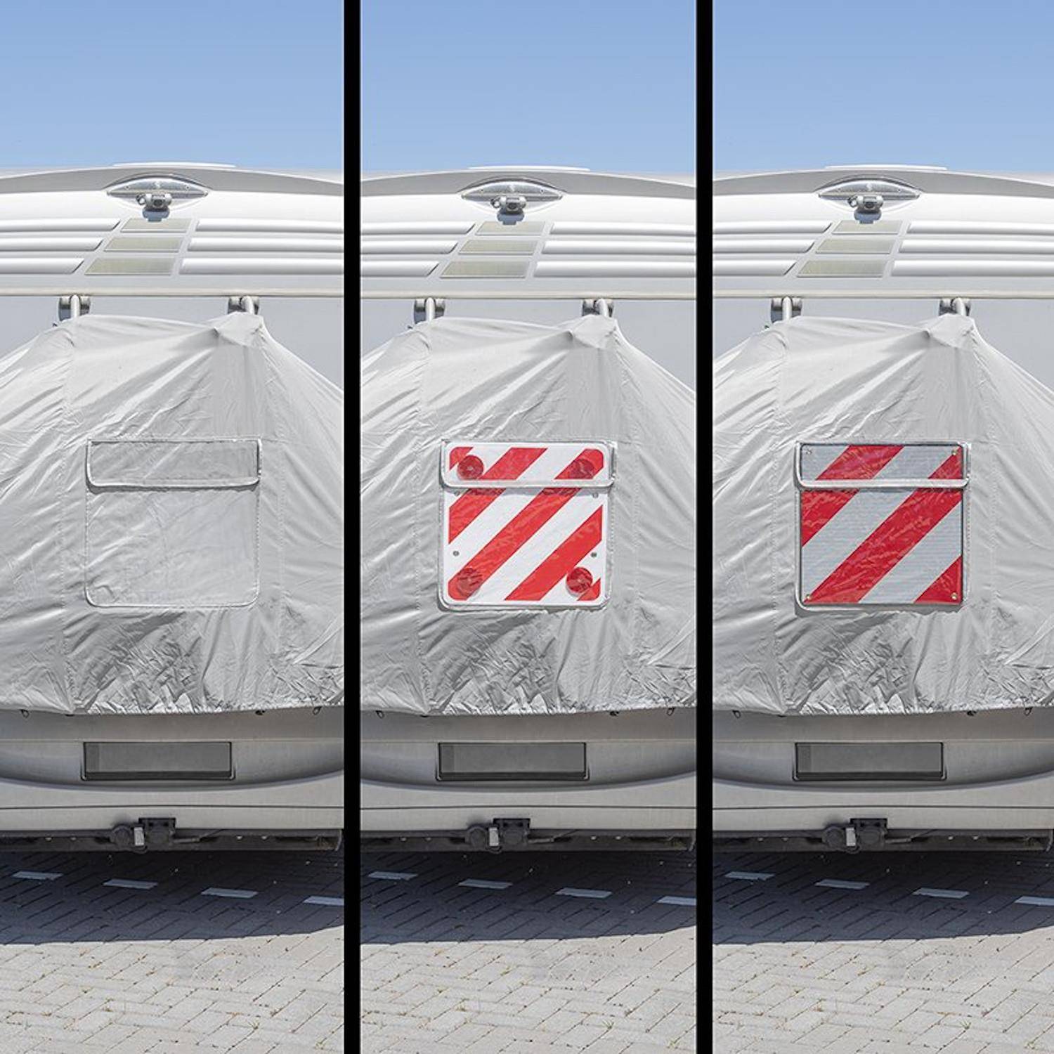 „Vergleich von drei Abdeckungen auf der Rückseite eines Fahrzeugs. Links: einfache Abdeckung. Mitte: Abdeckung mit rot-weißen Streifen. Rechts: Abdeckung mit größeren rot-weißen Streifen.