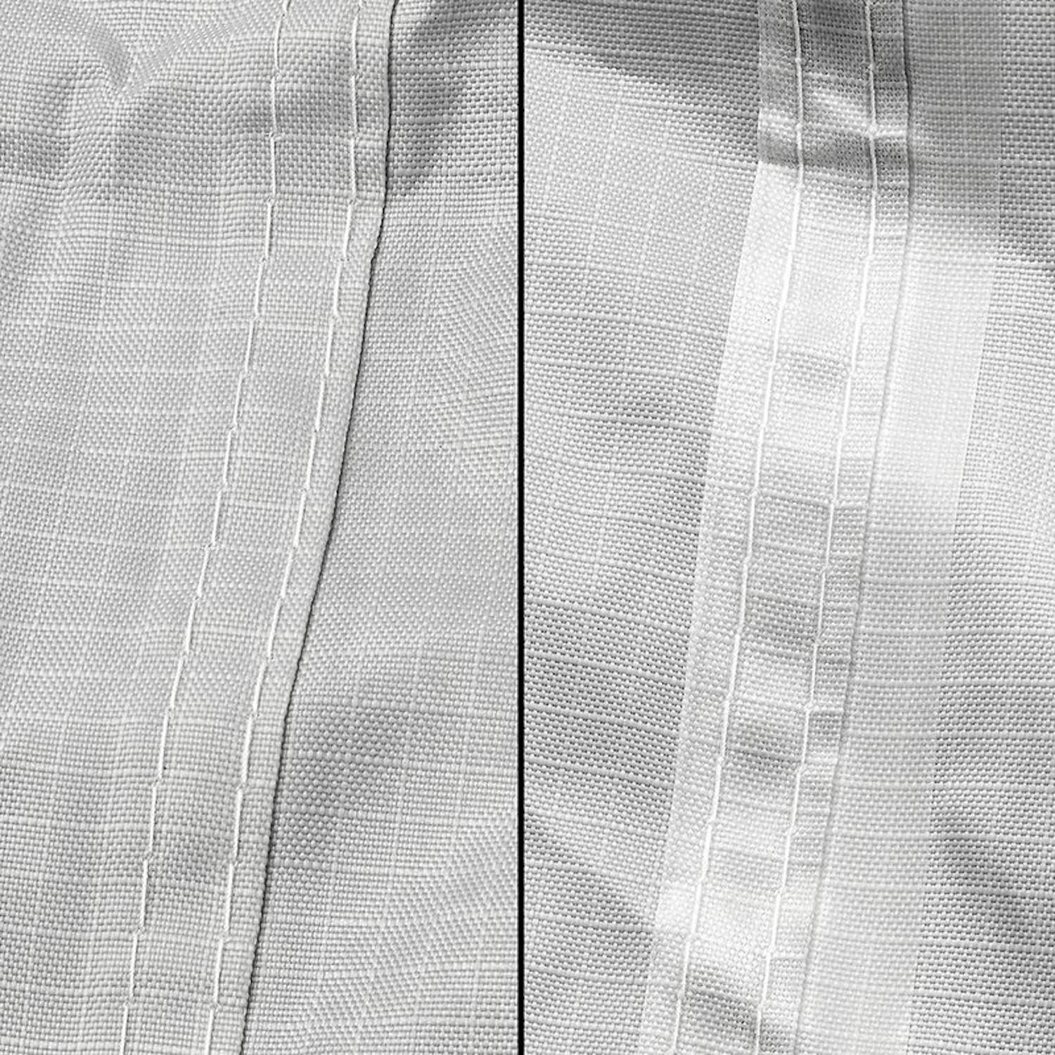 Zwei Nahaufnahmen von strukturiertem, grauem Stoff mit vertikaler Naht. Der linke Bereich hat drei Nahtlinien; der rechte Bereich hat größere Abstände.