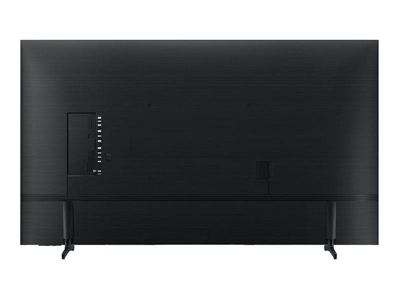 Rückansicht eines Flachbildfernsehers auf zwei Beinen mit Belüftungsschlitzen und Eingabeanschlüssen auf der Rückseite.