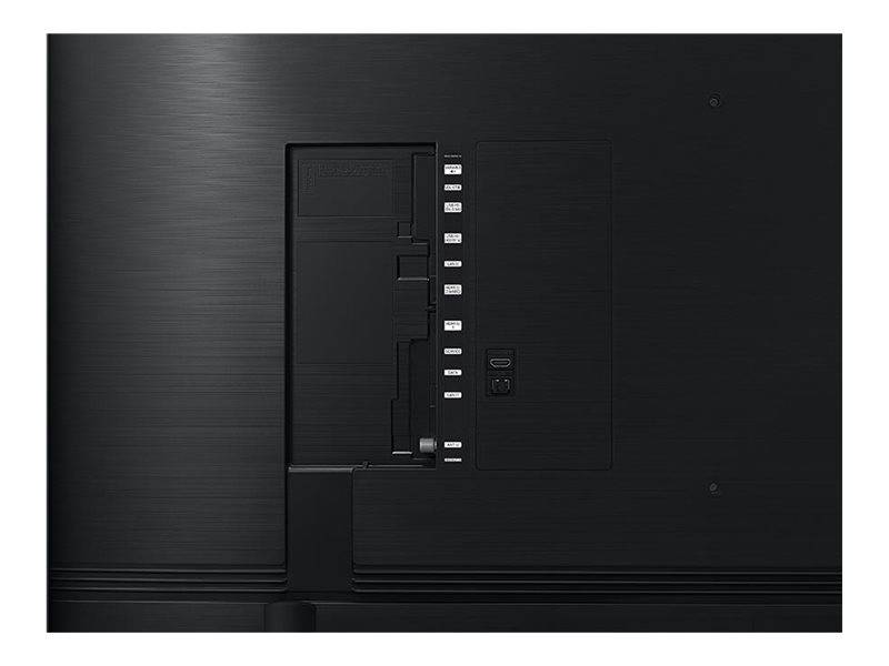 Rückseite eines schwarzen Flachbildfernsehers mit Eingangsbuchsen und Kabelverbindungen auf der Rückwand.