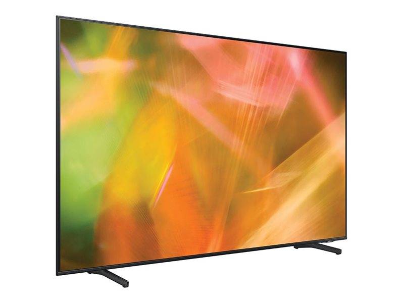 Flachbildfernseher, der auf einem Ständer ein abstraktes verschwommenes Bild in Orange, Gelb und Grün anzeigt.