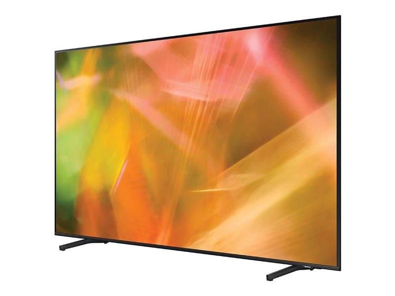 Flach-Fernseher mit farbenfrohem abstrakten orange, rosa und grünen Display auf einem Ständer.