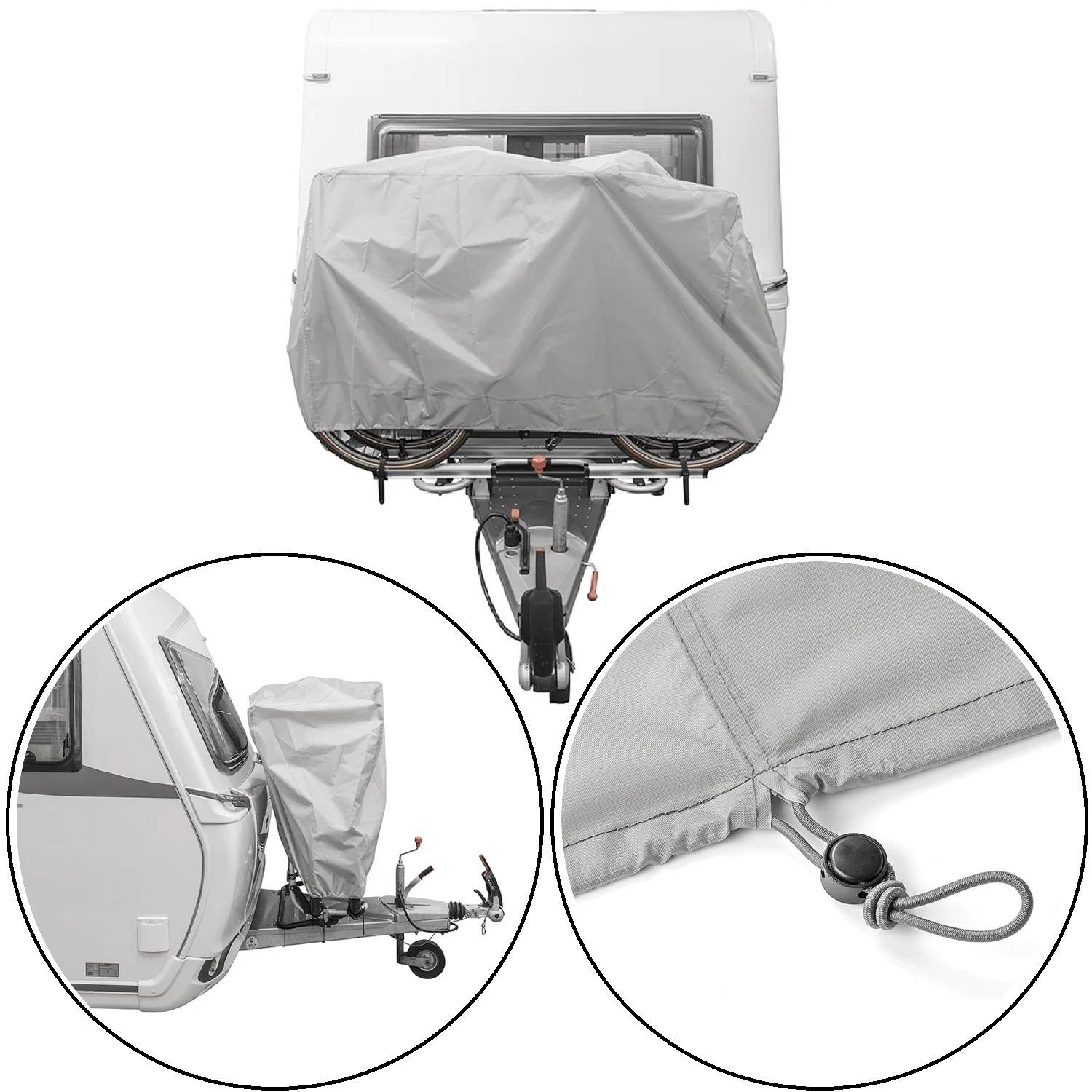 Eine graue Abdeckung schützt eine Anhängerkupplung. Eingefügte Bilder zeigen die Abdeckung an einem Wohnwagen befestigt und eine Nahaufnahme eines Befestigungsseils.