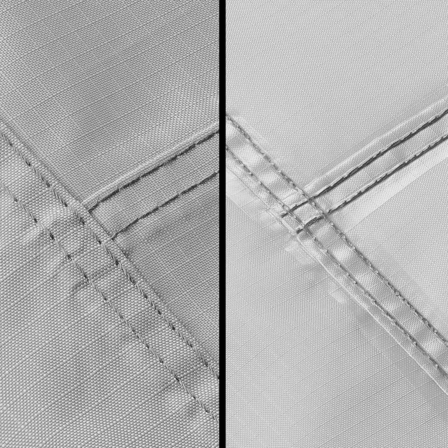 NahaufnahmeVergleich von zwei Stoffnähten: Die linke Seite zeigt eine dicke, sauber genähte Naht, während die rechte Seite eine ähnliche, aber dünnere Naht zeigt.