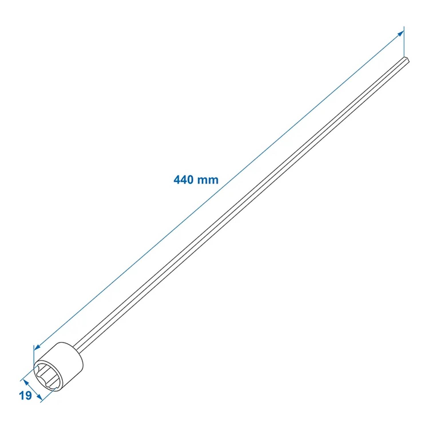 Ein Diagramm, das einen zylindrischen Gegenstand mit beschrifteten Abmessungen zeigt: Länge 440 mm und Durchmesser 19 mm.