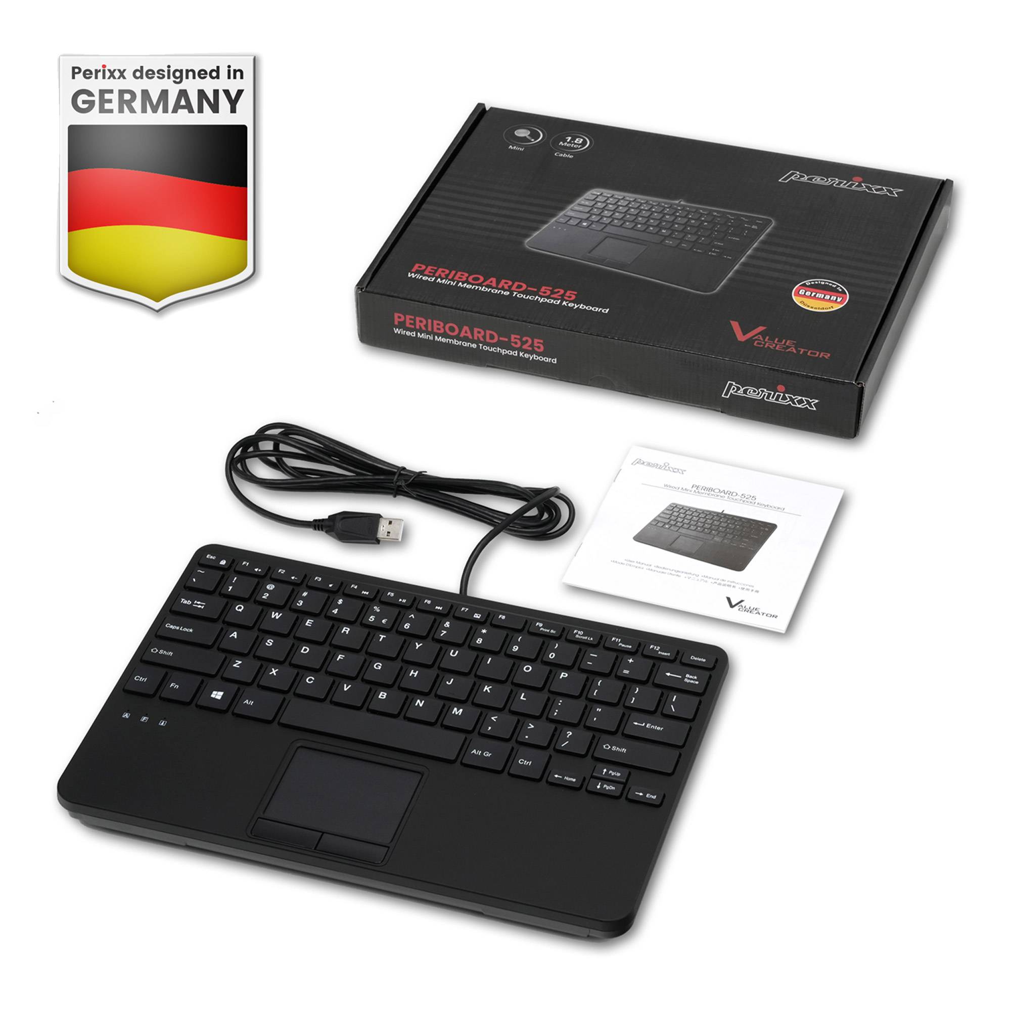 PERIXX - PERIBOARD-525 DE B Kabelgebundene Mini-USB-Tastatur mit Touchpad Scherentasten 2 - Touchpad - QWERTZ