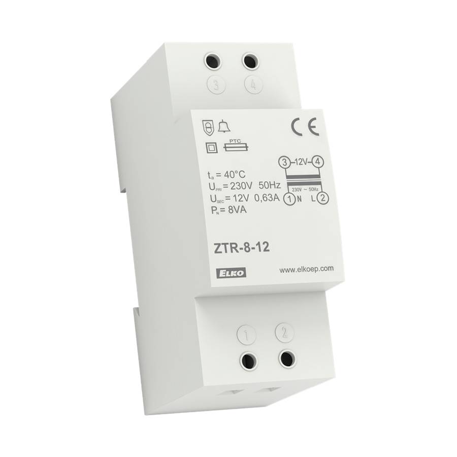 ELKO EP ZTR-8-12V Klingeltransformator, 12V AC Ausgang, 8 VA, DIN-Schienen-Montage