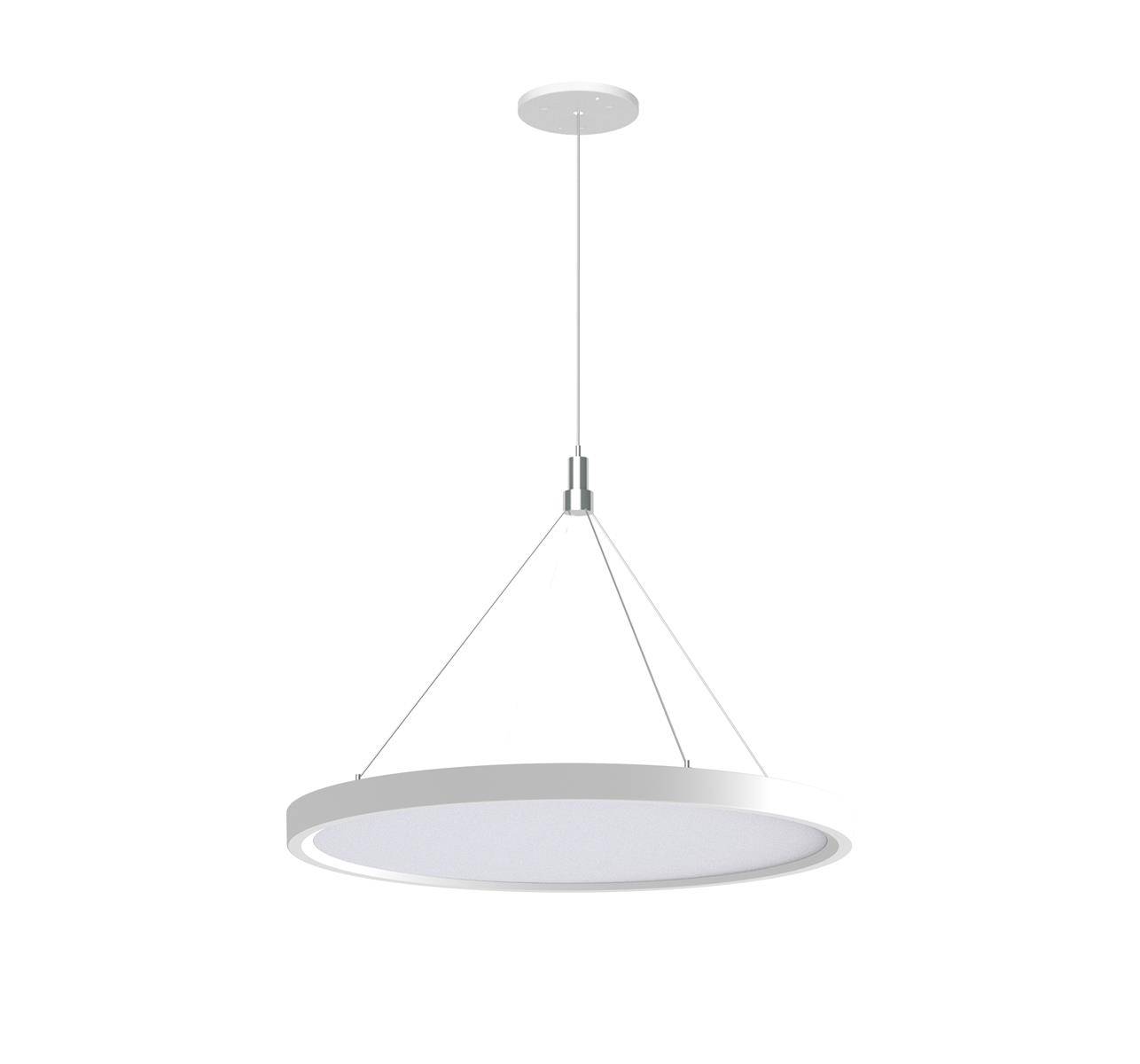 Eine moderne kreisförmige Pendelleuchte mit elegantem silbernem Rahmen und weißem Innenbereich, die mittels dünner Drähte von einer Deckenhalterung abgehängt ist.