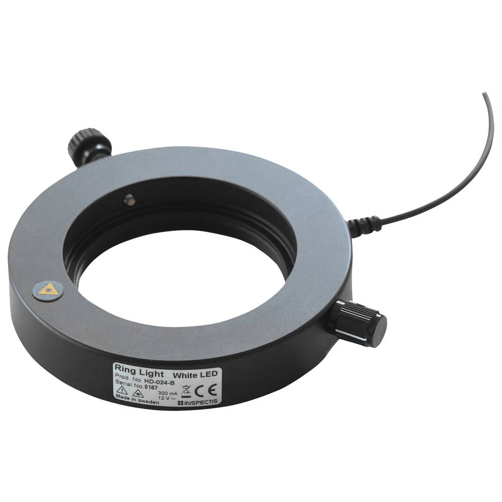 Schwarzer kreisförmiger LED-Ringlicht mit Kabel und verstellbaren Schrauben, verwendet für Mikroskopbeleuchtung; Modell 'HD-024B' gekennzeichnet.