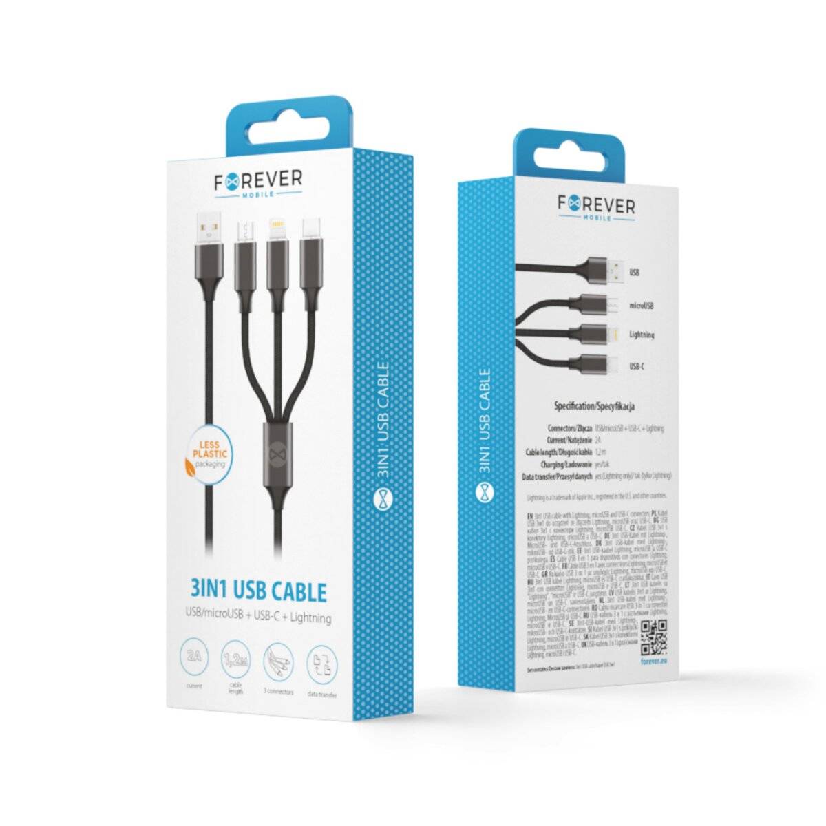 Forever 3-in-1 Ladekabel USB-A zu Lightning/USB-C/microUSB 1,2?m Schwarz