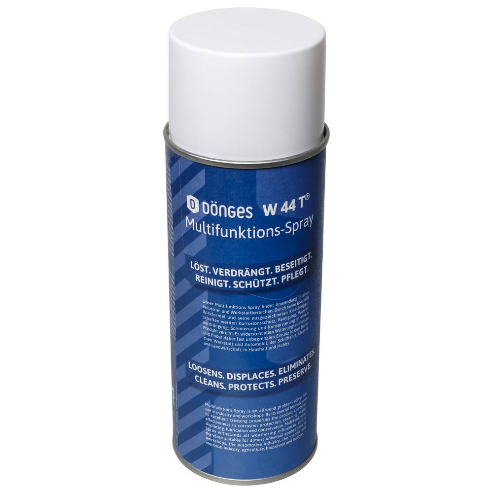 Eine Dose Dönges W 44 T Multifunktionsspray mit blauem Etikett, weißem Deckel und Text auf Deutsch und Englisch, der seine verschiedenen Anwendungsmöglichkeiten beworben wird.