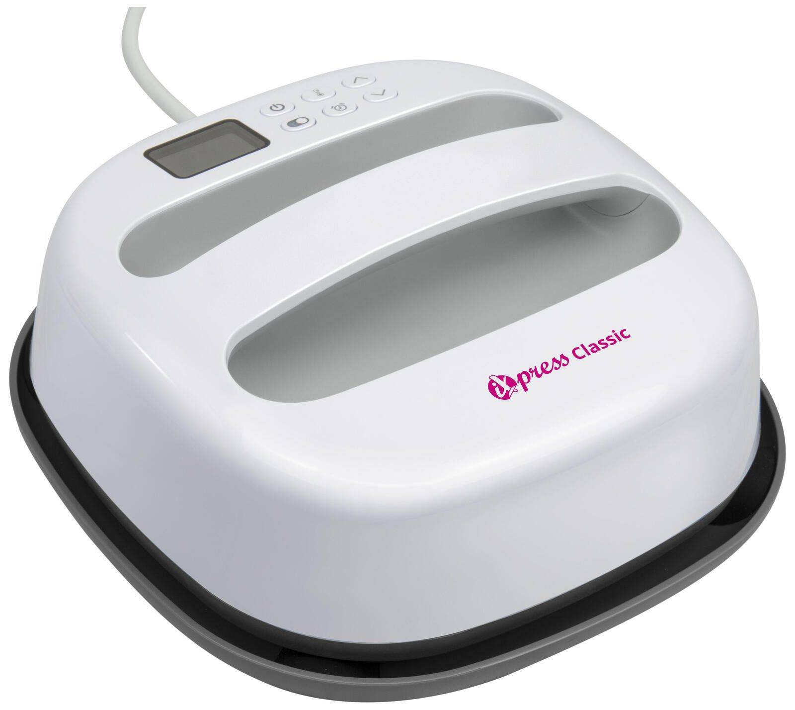 Eine weiße elektronische Wärmepresse mit glatter Oberfläche, digitalen Bedienelementen oben und der Aufschrift „Cricut Classic