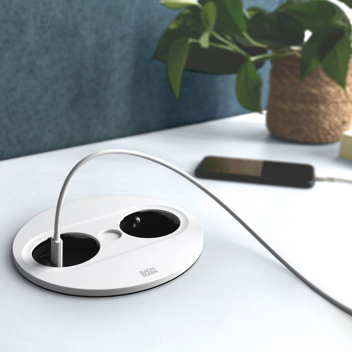 BACHMANN TWIST 2 1xCEE7/3 1xUSB A/C 22W 2,0m AEH RAL9010 30GE rund