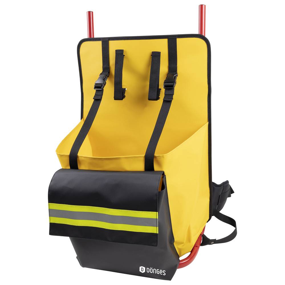 Ein gelber und schwarzer Feuerwehr-Rucksack mit reflektierenden Streifen und roten Griffen, konzipiert zum Tragen von Ausrüstung.