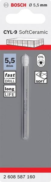 Ein 6-mm-Bohrer wird auf einem grauen Hintergrund gezeigt mit Symbolen für ‚schnelles Bohren' und ‚lange Lebensdauer' sowie eine Eignung für ‚weiche' Oberflächen.