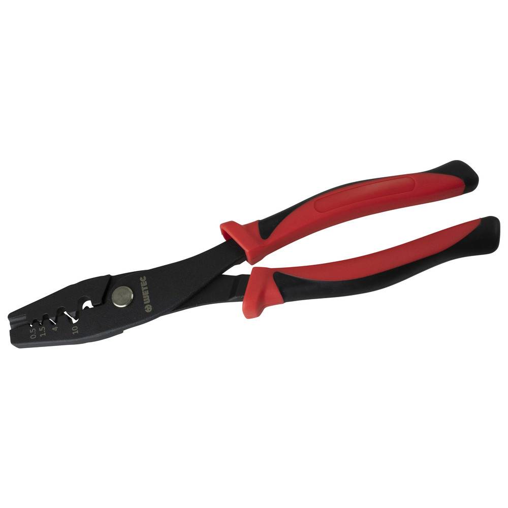 Rot-schwarze Abisolierzange mit ergonomischen Griffen, ausgestattet mit verschiedenen Maßmarkierungen auf den Backen zum Abisolieren von Drähten unterschiedlicher Querschnitte.