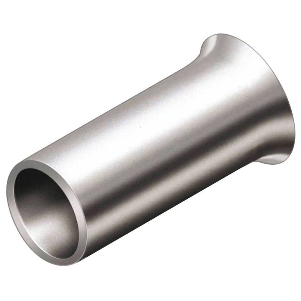 Ein glatter, metallischer, zylindrischer Rohrabschnitt mit aufgeweiteten Enden, der vor einem einfarbigen Hintergrund dargestellt ist.