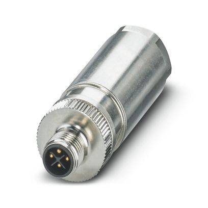 Ein metallischer zylindrischer Stecker mit vier sichtbaren Stiften am Ende, verwendet für Verbindungen von elektronischen Geräten oder Industrieausrüstungen.