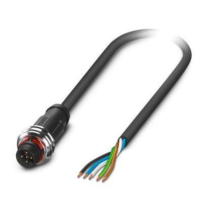 Ein mehrfarbiges Kabelpaket mit einem runden Stecker an einem Ende, das freigelegte Kupferleitungen aufweist und für industrielle oder elektrische Anwendungen geeignet ist.