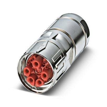 Ein zylindrisches Metallbauteil mit mehreren roten kreisförmigen Steckverbindern im Inneren, das für elektrische oder elektronische Verbindungen konzipiert ist.