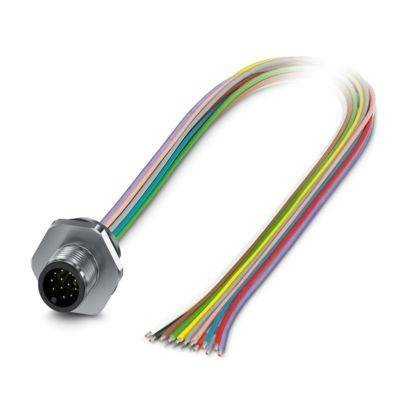 Ein mehrfarbiger, mehrpoliger Drahtstecker mit verschiedenfarbigen Drähten, die sich von einem Metallstecker erstrecken.