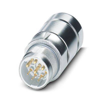 Ein metallischer kreisförmiger Stecker mit mehreren Goldstiften im Inneren, der für Verbindungen in elektronischen oder Industrieanwendungen verwendet wird.