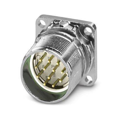 Metallischer Stecker mit mehreren Pins und Montageplatte, der für elektrische Verbindungen in Maschinen oder Automatisierungssystemen verwendet wird.