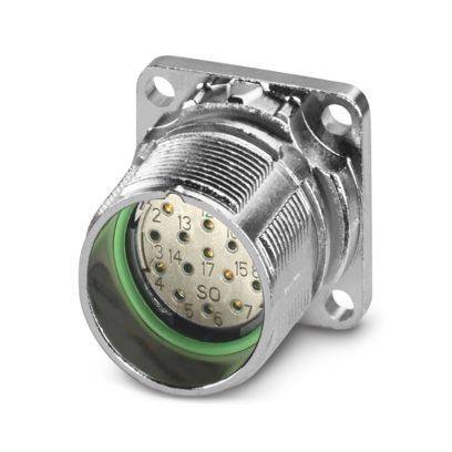 Ein metallischer elektrischer Stecker mit mehreren Buchsenkontakten, gekennzeichnet mit Nummern, angebracht auf einer quadratischen Befestigungsplatte mit Schraubenlöchern.