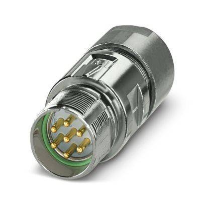 Ein Nahaufnahmefoto eines metallischen zylindrischen Steckers mit sechs goldenen Pins im Inneren, der für elektronische oder industrielle Anwendungen verwendet wird.