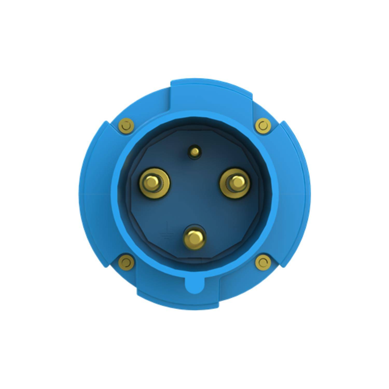 Eine Nahaufnahme eines blauen industriellen elektrischen Steckers mit drei goldenen Kontakten, der für Hochleistungsverbindungen konzipiert ist, von vorne betrachtet.