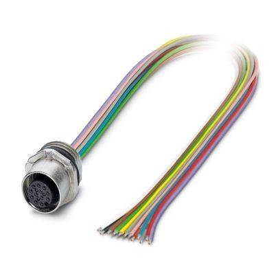 Ein mehrfarbiges Kabel mit einem runden Metallstecker auf der einen Seite und freigelegten Drähten auf der anderen Seite.