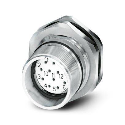 Ein kreisförmiger Mehrfach-Stecker mit nummerierten Anschlüssen für elektronische oder mechanische Verbindungen, in einer Nahaufnahme dargestellt.