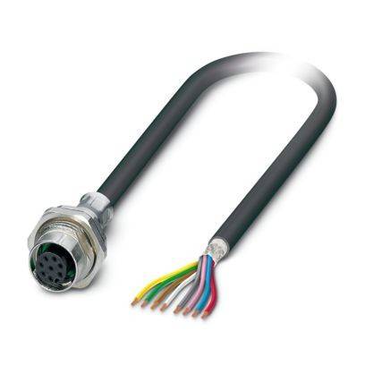 Ein schwarzes Kabel mit einem silbernen runden Stecker an einem Ende und mehreren farbigen Drähten, die am anderen Ende freigelegt sind, wird für elektrische Verbindungen verwendet.