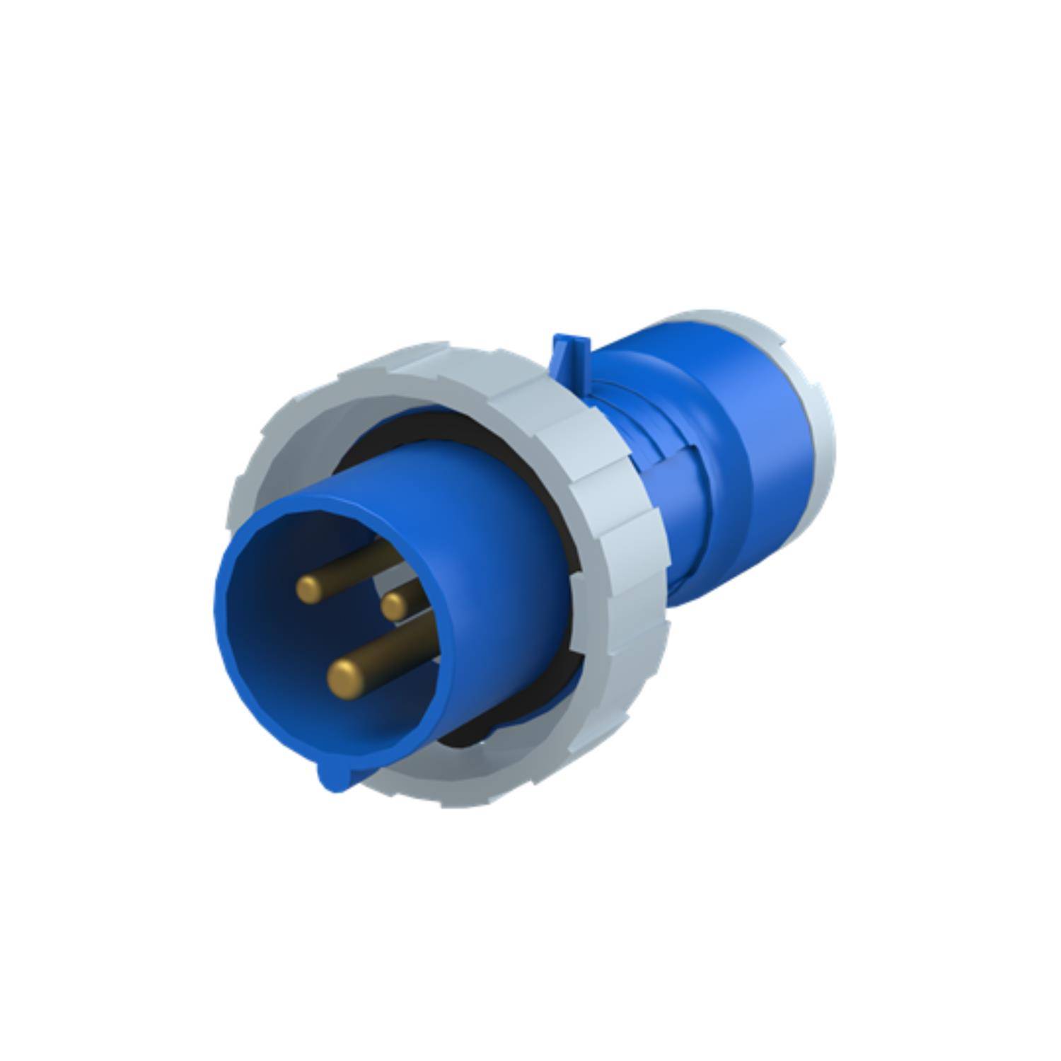 Ein blauer und grauer industrieller Stromstecker mit drei goldenen Kontakten, der zum Anschließen von Geräten an eine Stromquelle verwendet wird.