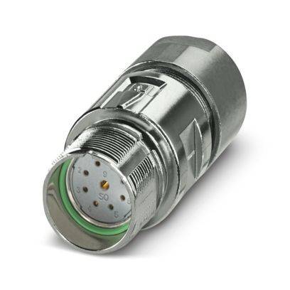 Ein Metallstecker mit zylindrischer Form, ausgestattet mit mehreren Stiftlöchern im Inneren. Geeignet für industrielle oder technische Anwendungen.