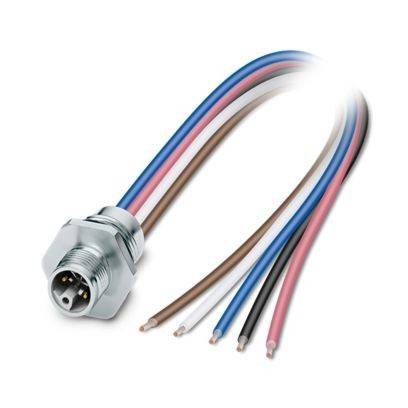 Ein Metallstecker mit herausstehenden farbigen Drähten: blau, weiß, braun, schwarz und rosa. Wird für elektronische oder elektrische Verbindungen verwendet.