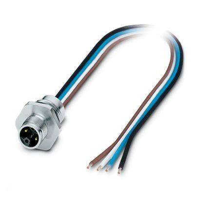 Ein metallischer M12-Stecker mit vier freigelegten, farbigen Drähten, die sich von ihm erstrecken.