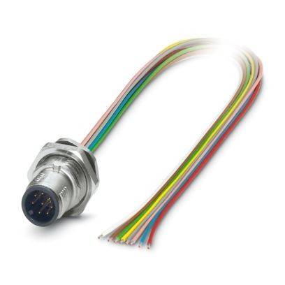 Ein mehrfarbiges Stromkabel mit einem metallischen Rundstecker, geeignet für elektronische oder industrielle Anwendungen.