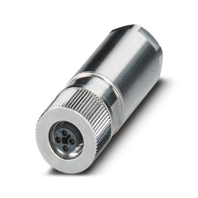 Ein metallischer zylindrischer Stecker mit gewindetem Ende und einem kreisförmigen Muster von fünf Stiften im offenen Ende, der für sichere Kabelverbindungen verwendet wird.