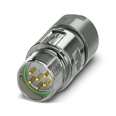 Ein Metallstecker mit sechs vergoldeten Stiften im Inneren, verwendet für sichere Verbindungen in industriellen Anwendungen.