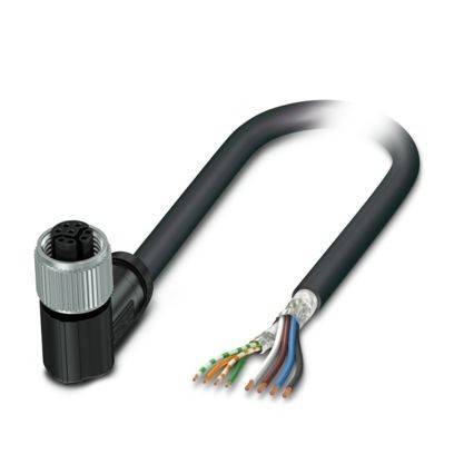 Ein schwarzes Elektroverbinderkabel mit mehreren freigelegten mehrfarbigen Drähten an einem Ende, das auf einen Montage- oder Reparaturbedarf hinweist.
