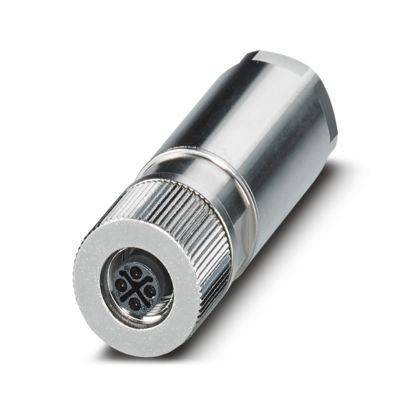Ein zylindrischer Metallverbinder mit detaillierter Steckkonfiguration an einem Ende, geeignet für Industrie- oder Elektronikanwendungen.
