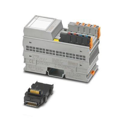 Ein kompaktes, graues industrielles elektronisches Modul mit Anschlüssen und einer abgelösten kleineren Komponente, was auf modulare Funktionalität hindeutet.